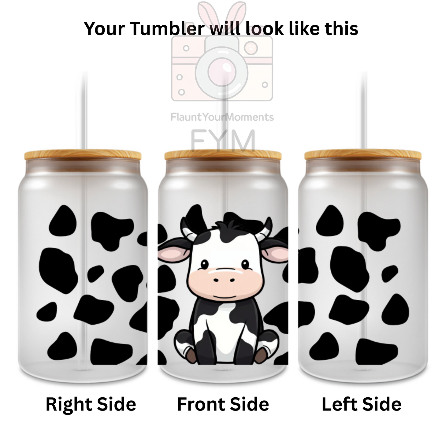 Mooo Black Cow printed Cute Glass Tumbler - 16oz With wooden Lid and Straw