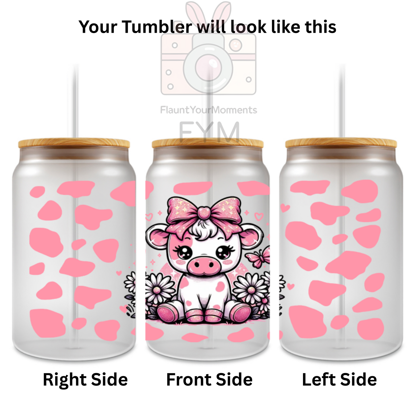 Mooo Pink Cow printed Cute Glass Tumbler - 16oz With wooden Lid and Straw