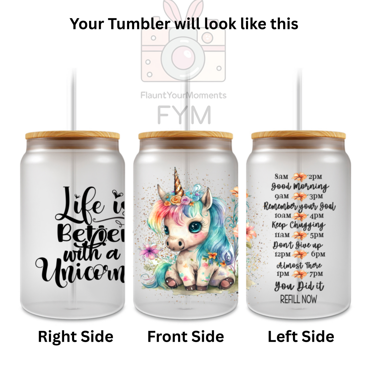 Life Is Better With Unicorn printed Cute Glass Tumbler - 16oz With wooden Lid and Straw