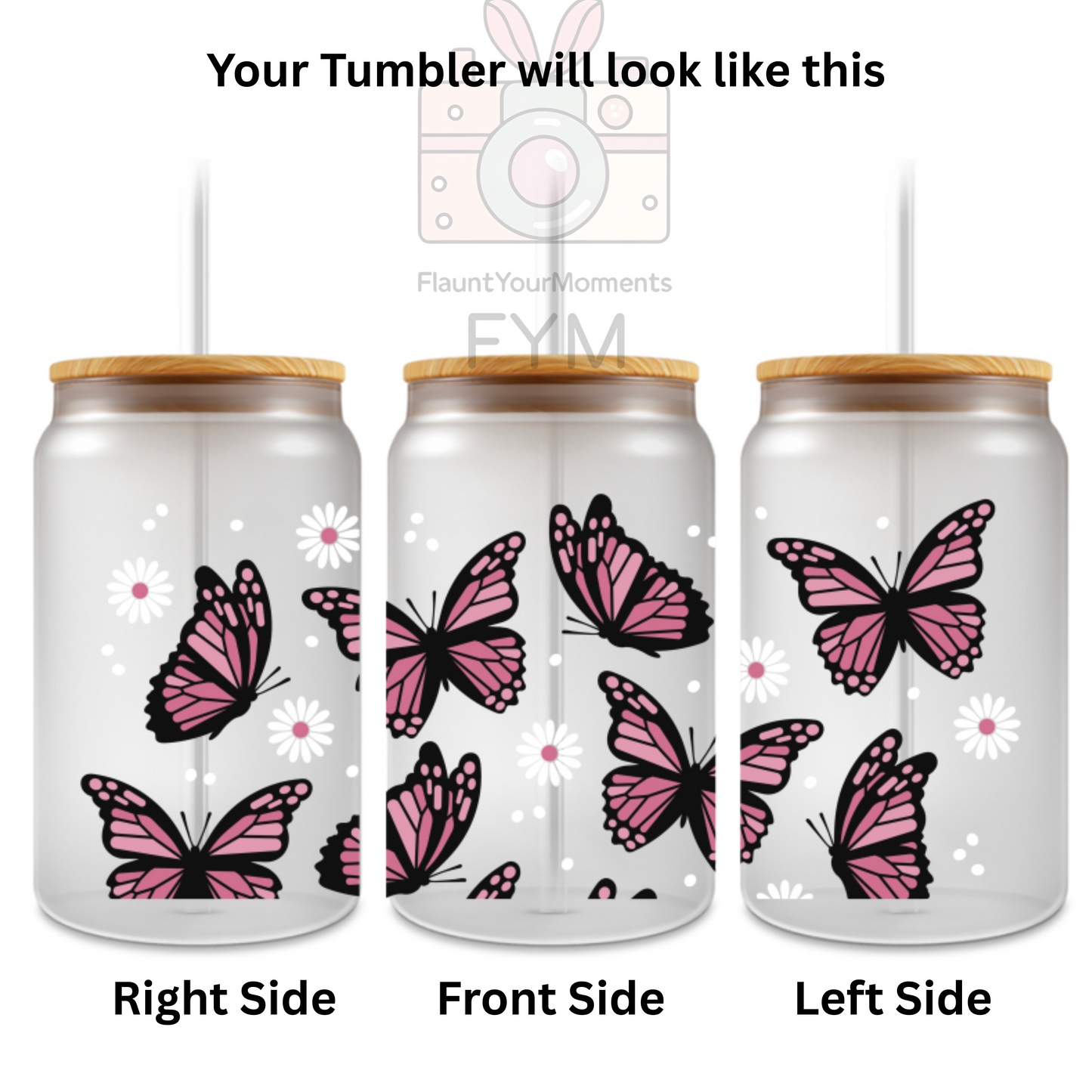 Butterflies with Daisy printed Cute Glass Tumbler - 16oz With wooden Lid and Straw