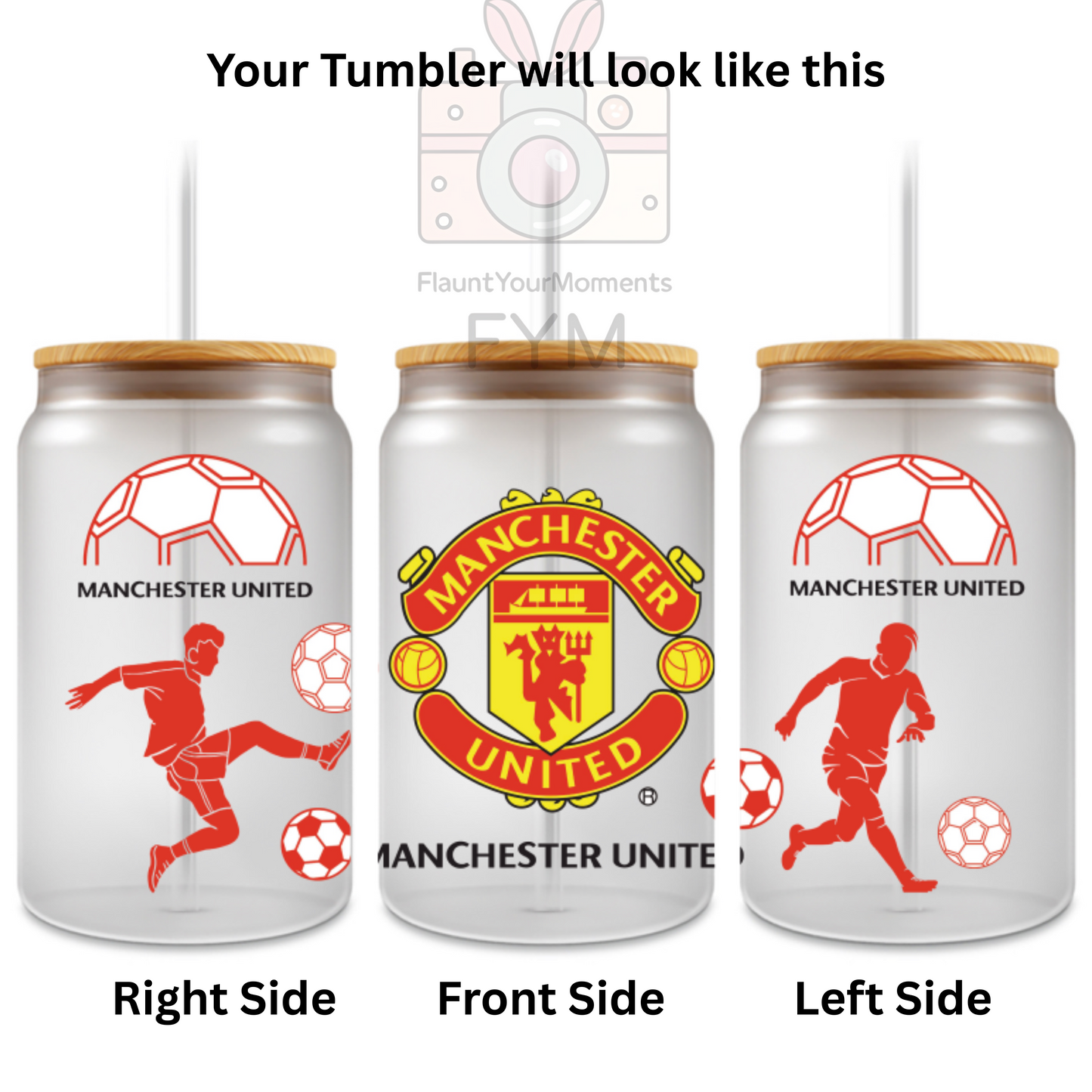 Manchester United Football printed Cute Glass Tumbler - 16oz With wooden Lid and Straw