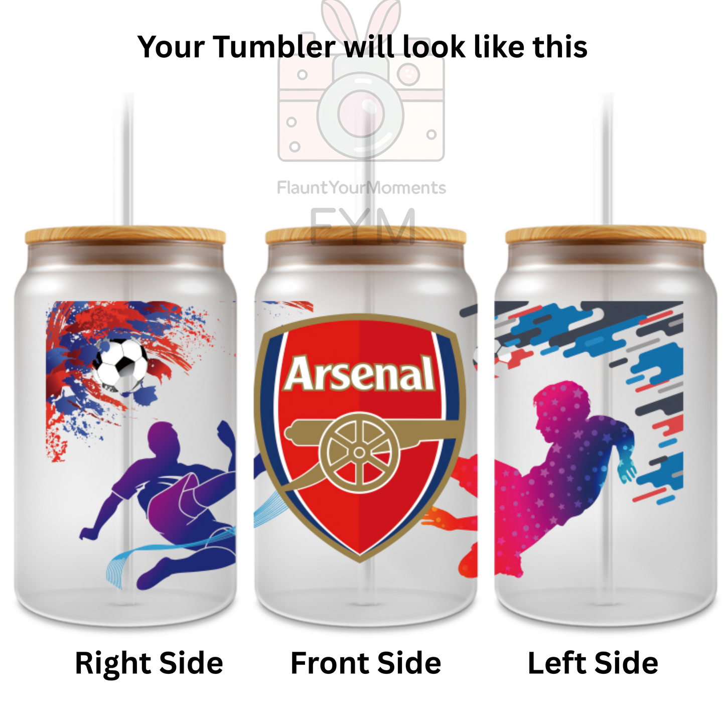 Arsenal Football printed Cute Glass Tumbler - 16oz With wooden Lid and Straw