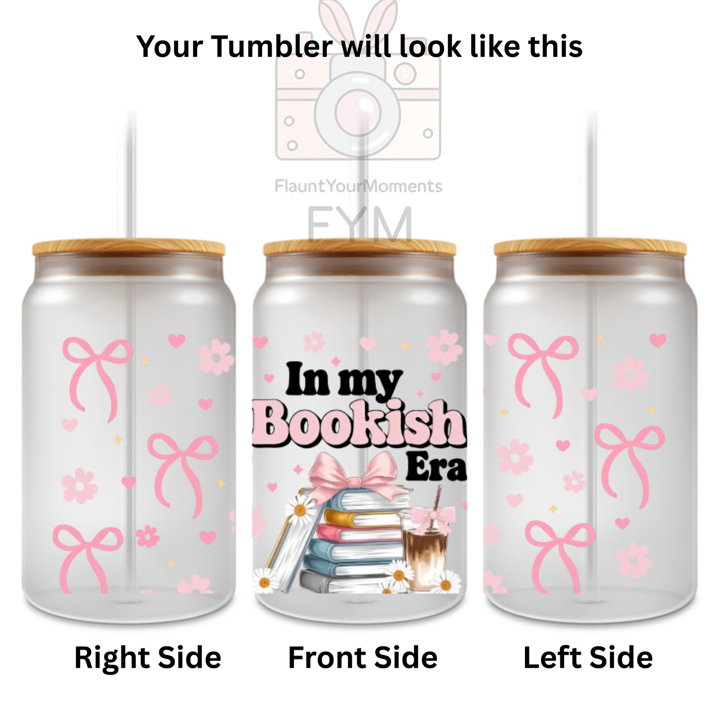 In My Bookish Era printed Cute Glass Tumbler - 16oz With wooden Lid and Straw