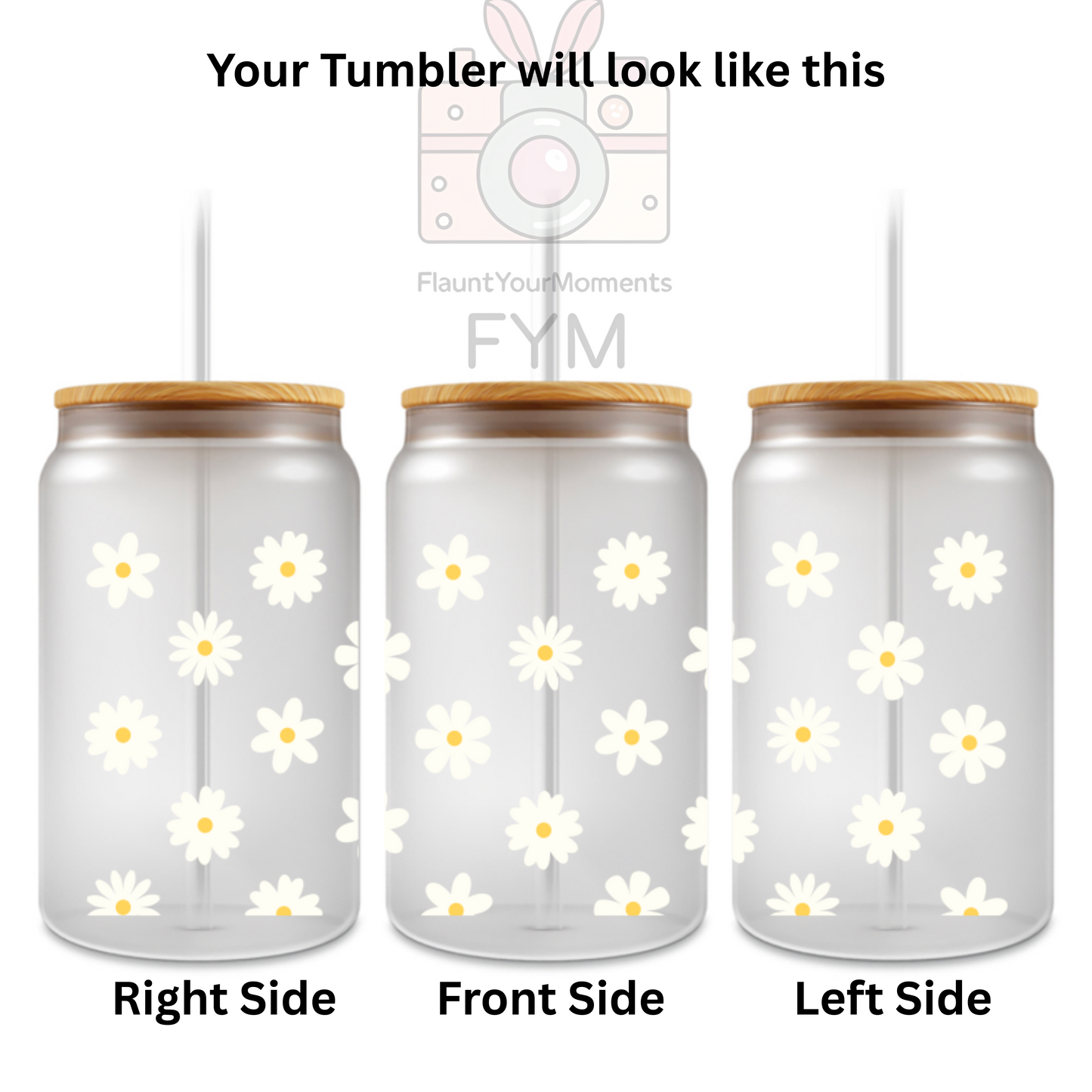 White Flowers printed Cute Glass Tumbler - 16oz With wooden Lid and Straw