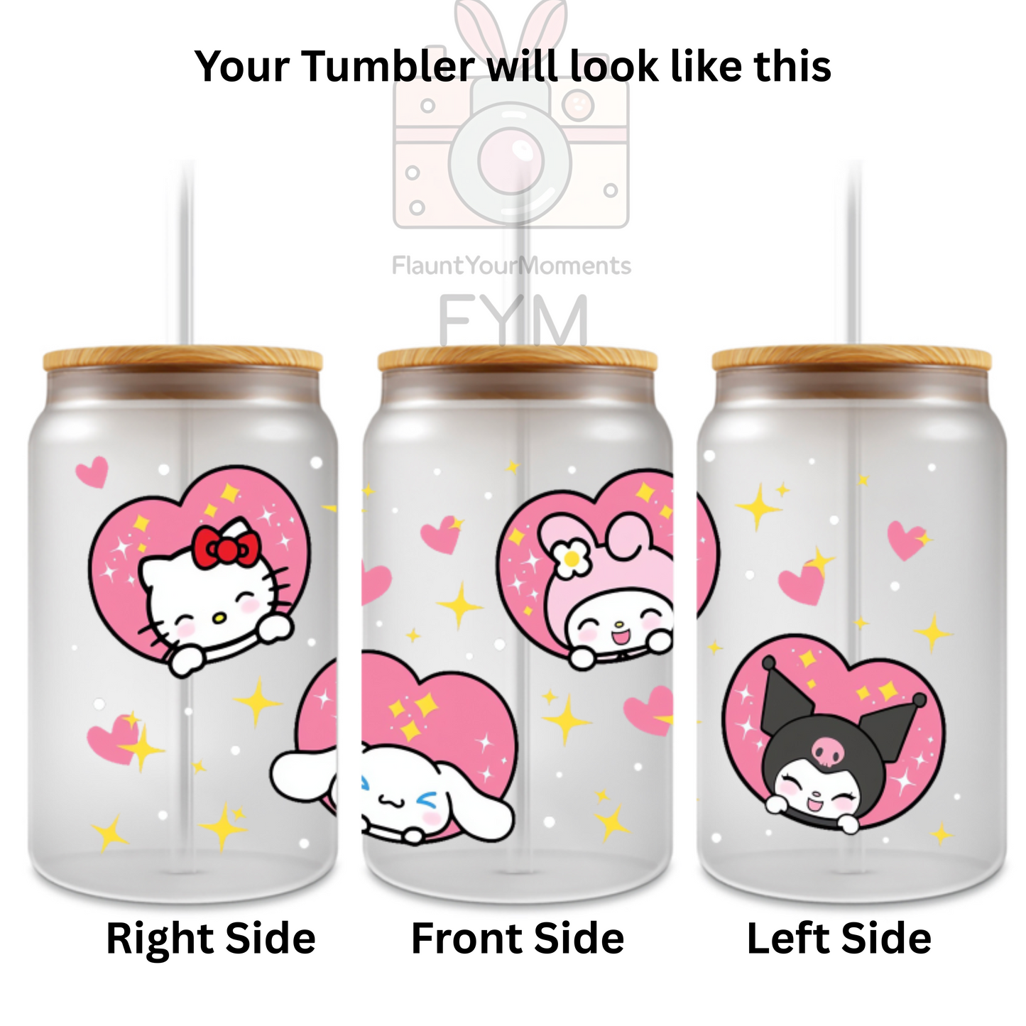 Sanrio Characters printed Cute Glass Tumbler - 16oz With wooden Lid and Straw