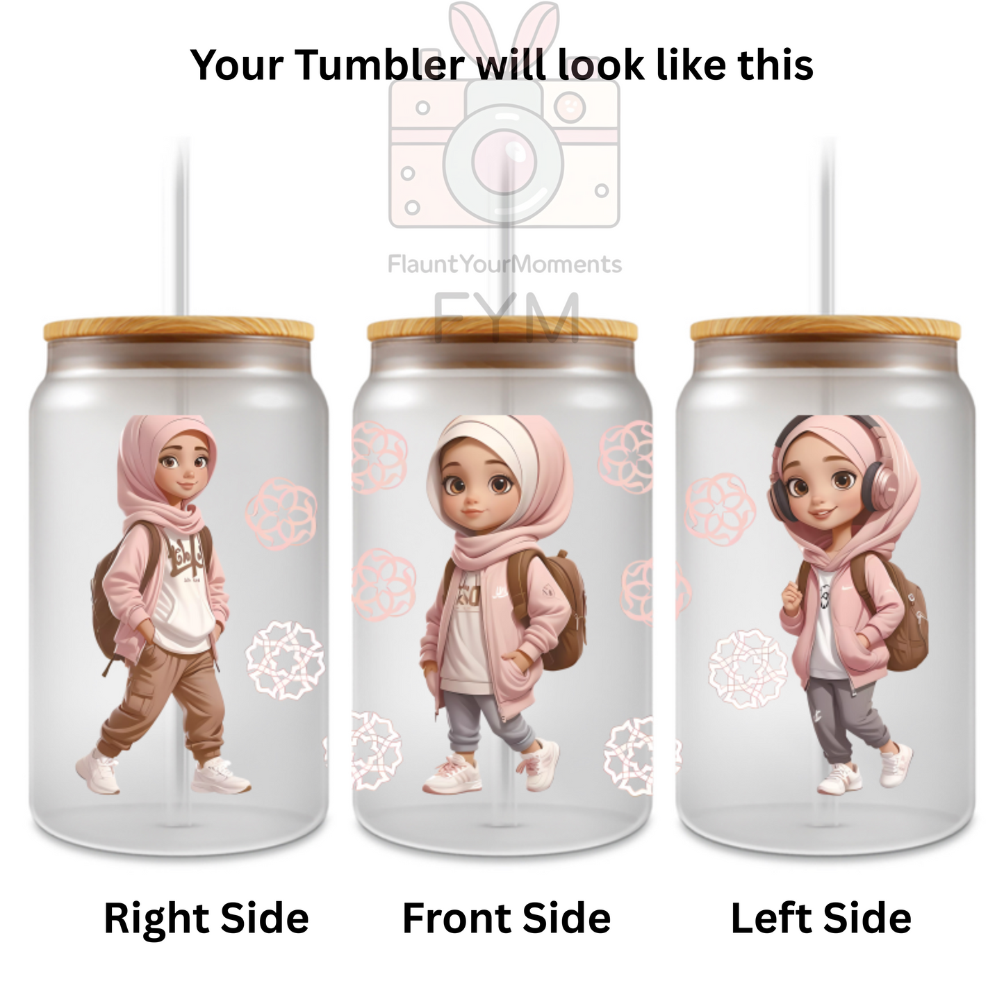 Modest Girl printed Cute Glass Tumbler - 16oz With wooden Lid and Straw