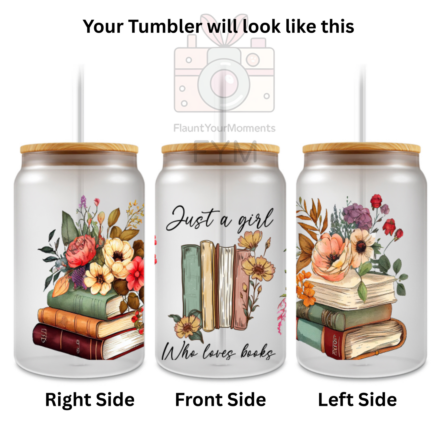 Just A Girl Who Loves Books printed Cute Glass Tumbler - 16oz With wooden Lid and Straw