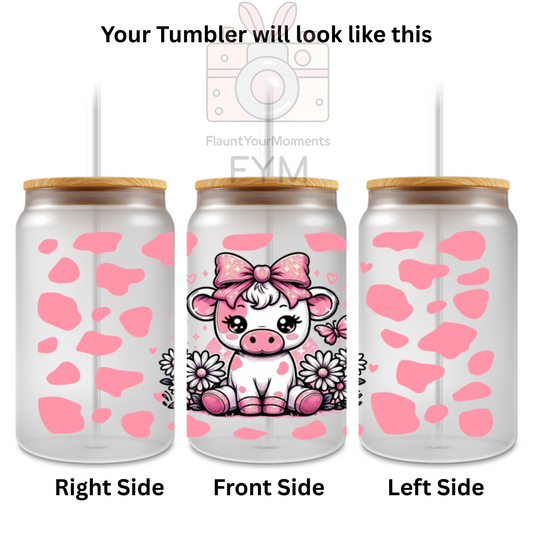 Mooo Pink Cow printed Cute Glass Tumbler - 16oz With wooden Lid and Straw