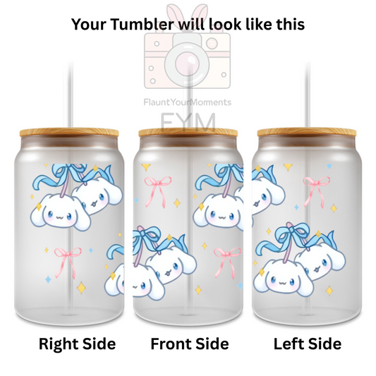 Sanrio Twins printed Cute Glass Tumbler - 16oz With wooden Lid and Straw