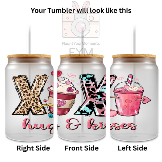 Hugs & Kisses printed Cute Glass Tumbler - 16oz With wooden Lid and Straw