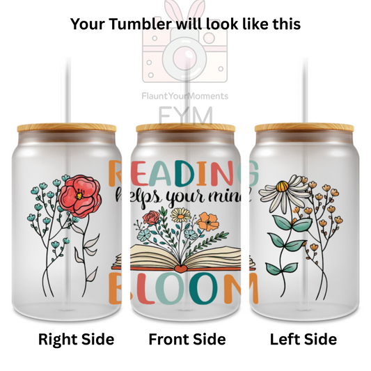 Reading Helps printed Cute Glass Tumbler - 16oz With wooden Lid and Straw