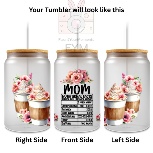 MOM Nutrition Care printed Cute Glass Tumbler - 16oz With wooden Lid and Straw