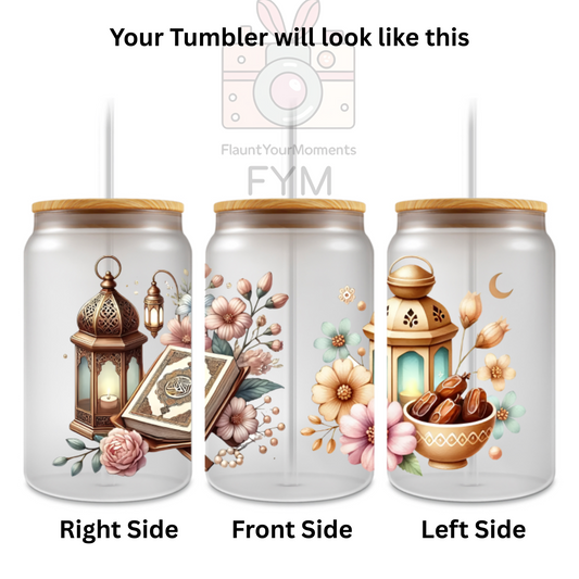 Ramadan Kareem printed Cute Glass Tumbler - 16oz With wooden Lid and Straw