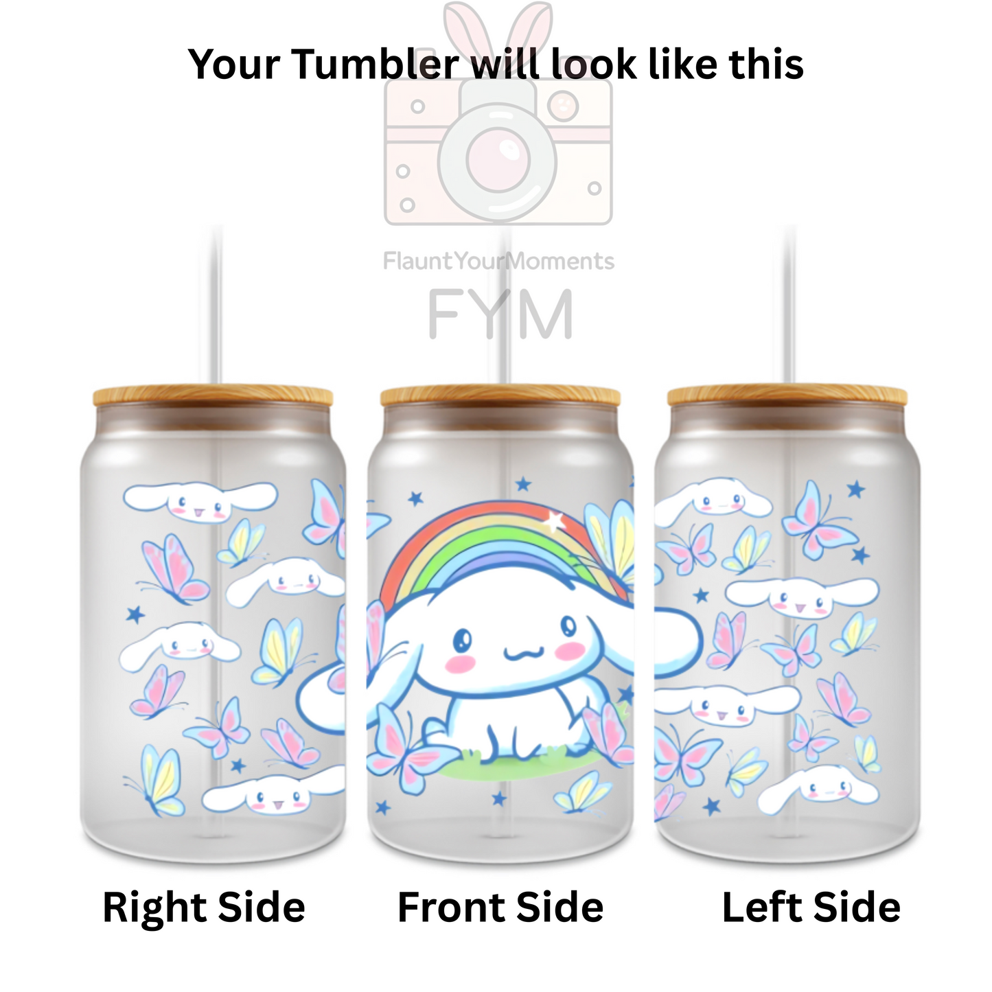 Sanrio cinnamoroll Butterflies printed Cute Glass Tumbler - 16oz With wooden Lid and Straw