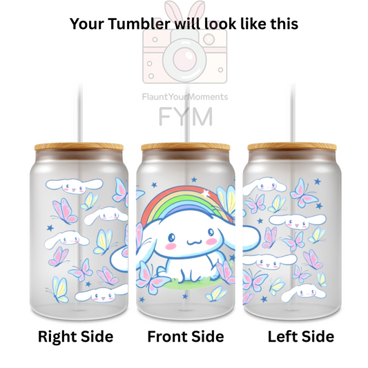 Sanrio cinnamoroll Butterflies printed Cute Glass Tumbler - 16oz With wooden Lid and Straw