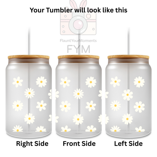 White Flowers printed Cute Glass Tumbler - 16oz With wooden Lid and Straw