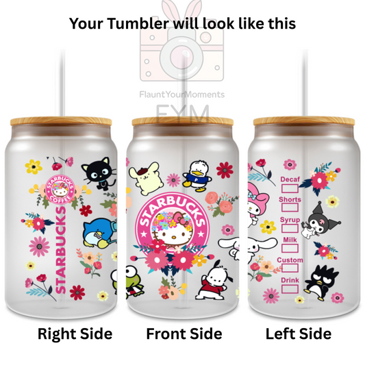 Starbucks Hello Kitty Gang printed Cute Glass Tumbler - 16oz With wooden Lid and Straw