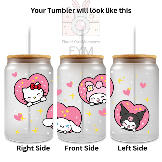 Sanrio Characters printed Cute Glass Tumbler - 16oz With wooden Lid and Straw