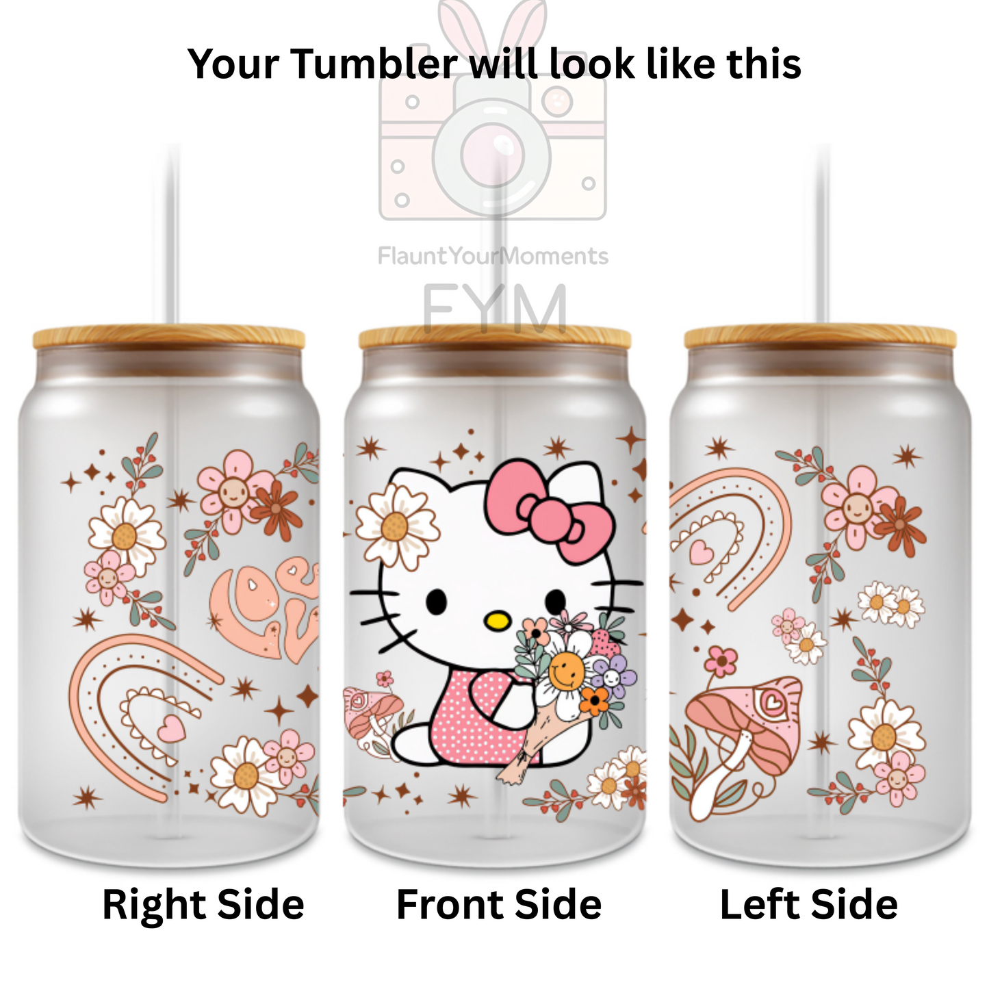 Hello Kitty Boho Love printed Cute Glass Tumbler - 16oz With wooden Lid and Straw