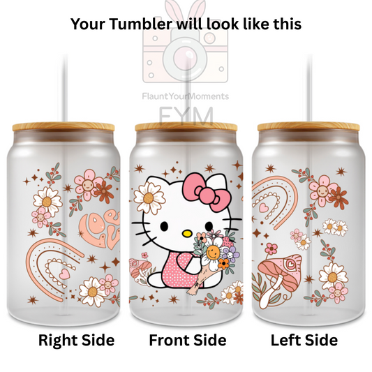 Hello Kitty Boho Love printed Cute Glass Tumbler - 16oz With wooden Lid and Straw