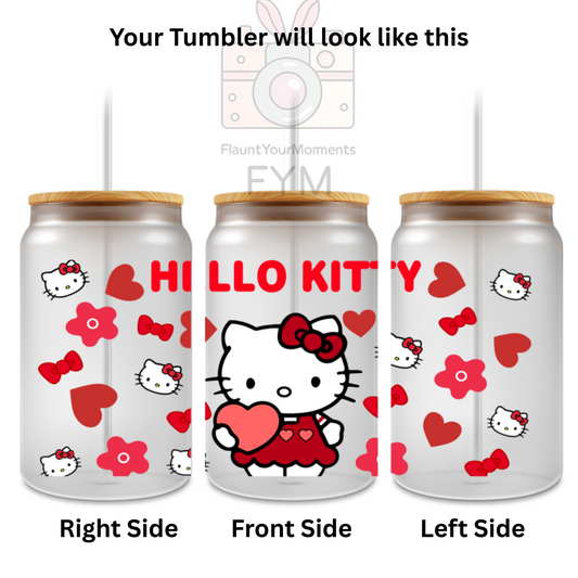 Red Hello Kitty Love printed Cute Glass Tumbler - 16oz With wooden Lid and Straw