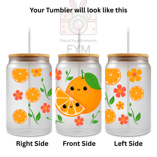 Zesty Smiles printed Cute Glass Tumbler - 16oz With wooden Lid and Straw