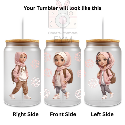 Modest Girl printed Cute Glass Tumbler - 16oz With wooden Lid and Straw
