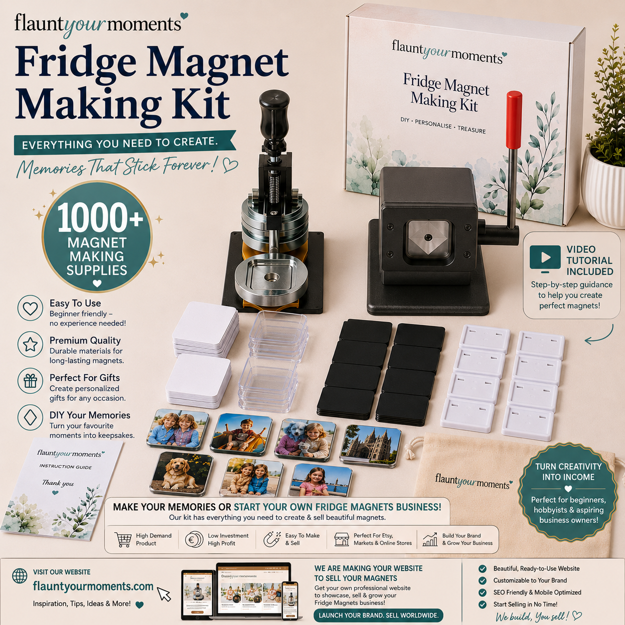 Fridge Magnet Making Kit with Machine & Cutter | 1000 Magnet Supplies | Photo Magnet Maker Kit | DIY Craft Business Starter Kit